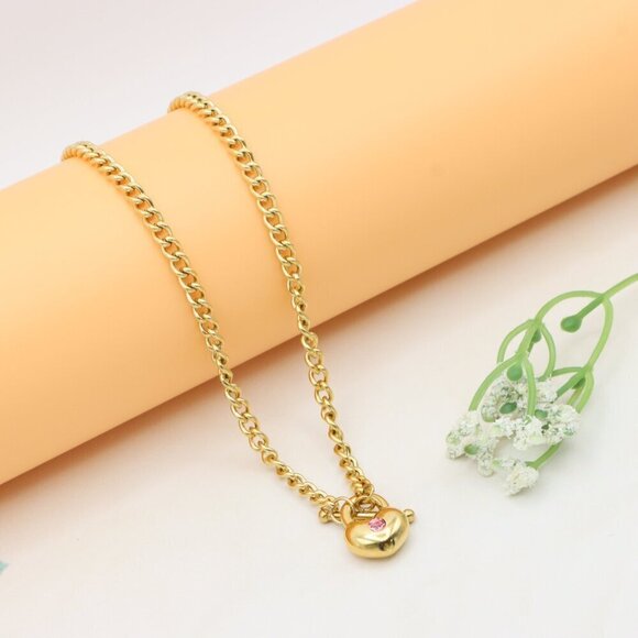 Chunky Gold Chain Necklace with Heart Pendant and Pink Stone, XPNL0372 - Picture 11 of 13